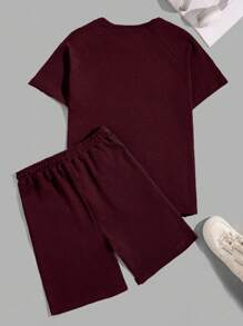 EURMUSE Men Waffle Fabric Raglan Sleeve Patched Regular T-Shirt Set - Burgundy - View 2