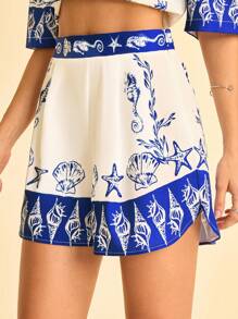 CAJUNI Women's Vacation Blue & White Ocean Elements Printed Elastic Waist, Arc Hem Side Slit, Beach Shorts, Summer,Beach Vacation Outfits - Multicolor - View 3
