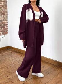SHEIN Cottnline طقم كنزة صوفية وبنطلون كبير الحجم مطبوع برسومات - عنابي اللون - مشاهدة 4