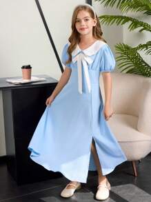 Vestido casual lindo con mangas abullonadas, bloque de color y decoración de lazo para niñas preadolescentes en verano - Azul - Ver 5