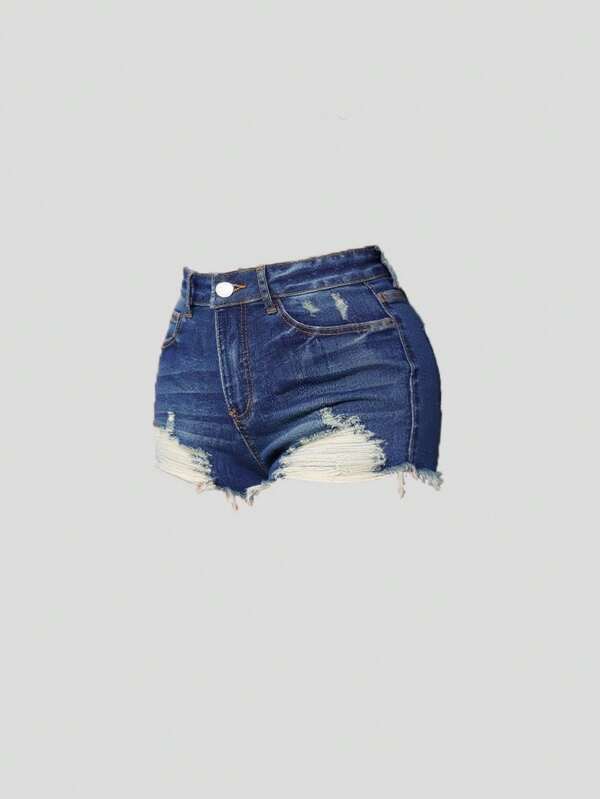 SHEIN Girlism Shorts vaqueros mini con bolsillos inclinados y bajos en la cintura, lavados, con roturas, para adolescentes- Shorts de verano bohemios de playa, vacaciones - Conjuntos informales de conciertos de verano y festivales - Conjuntos de verano para brunch, iglesia, graduación - Ropa de calle - Atuendos de vuelta al colegio