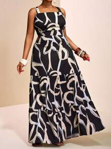 Veslaya 大码休闲基本款海滩优雅黑白抽象印花细肩带连衣裙 - 黑與白 - 查看 6