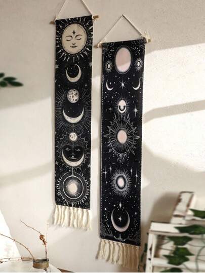 Goth 1pc Decorative Tapestry ,Decorative Hanging Flag With Tassels,Bohemian Sun And Moon Hand-Woven Printed Pattern Fringed Tapestry, Simple Studio Living Room, Background Wall Decoration Holiday Gift Pendant,Home Decor