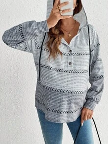 SHEIN Autumn And Winter  Maternity Autumn New Knitted Striped Hooded Sweatshirt