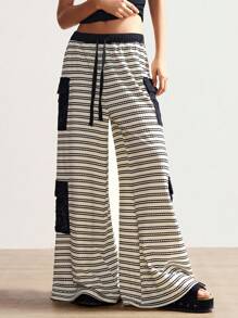 Bohemela Lässige gestrickte gestreifte Patchwork Loose Wide Leg Hosen für Frauen - Schwarz - Übersicht 1