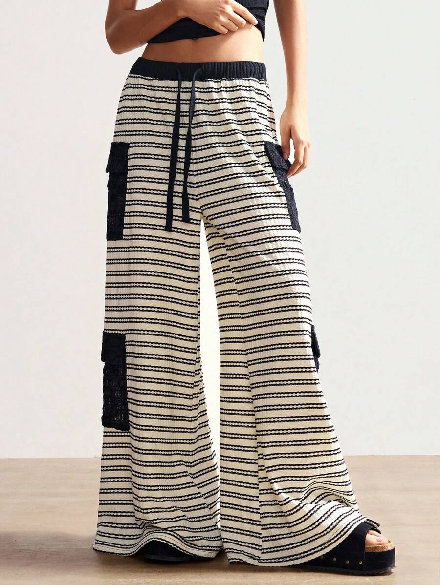 Bohemela Lässige gestrickte gestreifte Patchwork Loose Wide Leg Hosen für Frauen - Schwarz - Übersicht 1