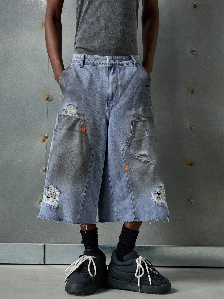 Men's Washed Distressed Wide Leg Denim Shorts