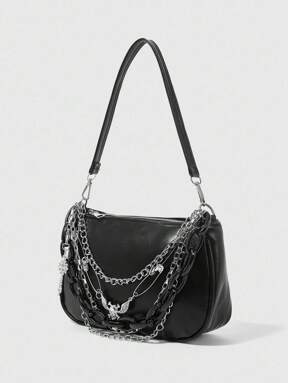 Grunge Punk 1PC,Ladies, Women Shoulder Bag,Hobo Bag , Gothic Style, Skull Decoration, Multi-Layered Chain,Punk,Fashionable, Personality, Simple, Versatile, Street, Sweet And Cool Girls, Hot Girls,Y2k, Retro, Rivets, Vintage,Teenagers