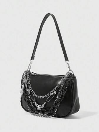 Grunge Punk 1 pièce, sac à épaule pour femmes, sac Hobo, style gothique, décoration de crâne, chaîne multi-couches, punk, à la mode, personnalisé, simple, polyvalent, de rue, doux et cool pour les filles, les filles branchées, Y2K, rétro, rivets, vintage, adolescentes