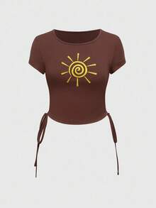 ROMWE Fairycore Elastic Fitted Cropped Drawstring Bow Tie Sunflower Embroidery Knit T-Shirt For Women - Coffee Brown - View 1