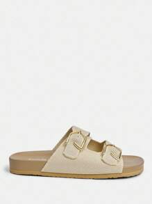 Fashionable Women's Adjustable Buckle Flat Slide Sandals - Beige - View 3