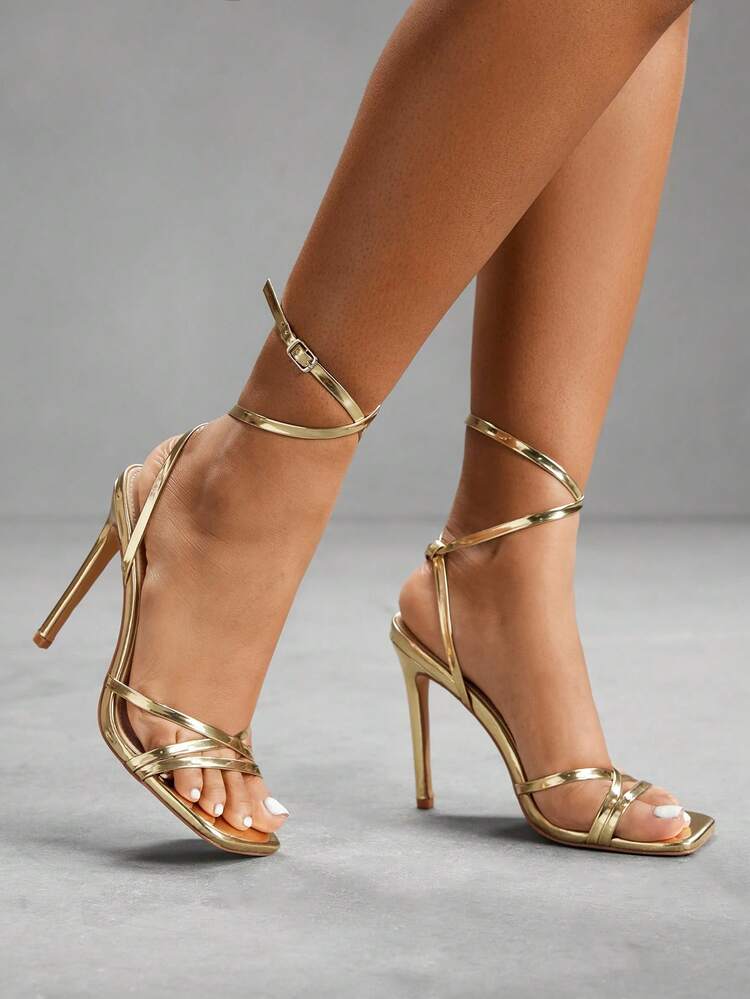 CUCCOO SZL Women's Shiny Strap Ankle Wrap Square Toe Stilettos High Heels, Versatile For Commuting, Date, Party, Festival, Vacation, Wedding For Christmas Prom Heels Summer Shoes