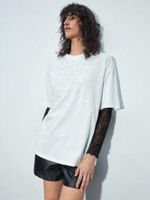 Maija Blusa suelta de manga corta con cuello redondo, de ajuste holgado, de color blanco, con diseño gráfico con perlas y cristales brillantes, versátil y alegre, adecuada para fiestas y festivales de San Valentín