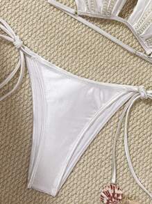 Swim Vcay Set de 2 piezas de traje de baño para mujer, nuevo diseño de verano de unicolor con parte superior halter con cuentas hechas a mano en la espalda y braga con lazo a los lados, traje de baño de lujo para playa y resort