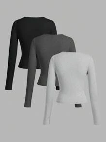 SHEIN EZwear 女款三件套黑灰色花卉印花紧身宽松领长袖T恤套装 - 彩色 - 查看 2