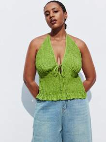 Maija Plus Size Women's Solid Color Front Tie Ruched Deep V Sexy Halter Top,Fall Autumn Back To School Homecoming Modest Vintage Women Old Money Teacher Romantic, Fashion, Versatile; Comfortable, Stylish, Elegant, Casual, Simple Daily Wear, Essential, Solid Color, Holiday Casual, Decent, Single Lady, Elegant Fashion Business Casual Woman Going Out Tops Graduation Teacher