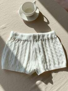 Comfortcana Pantalones cortos de punto con detalles bordados, cómodos pantalones cortos para el verano, otoño e invierno - Blanco - Ver 2