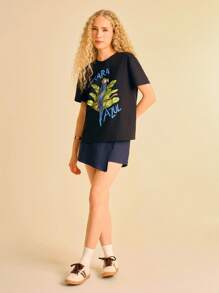 CAJUNI Tricou negru pentru femei, guler rotund, mânecă scurtă, tricou de vară, casual, lejer, cu imprimeu de papagal și botanică, tricou grafic, mărimea S, tricou grafic pentru femei, tricou grafic pentru femei, tricou grafic - Negru - Vizualizare 3