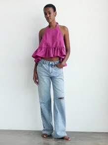 Maija Purple-Red Halter Backless Ruffle Hem Loose Urban Style Top For Women Party Beach Top Vacation Outfits Women - Red Violet - View 5