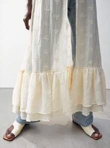 Maija Women's Apricot Summer Apparel, V-Neck Front Tie Ruffle Textured Embroidered Floral Fabric, Double Ruffle Hemline Tie Waist Sleeveless Elegant Fashionable Sexy Minimalist Bohemian Hawaiian Beach Resort Style Long Tank Top - Apricot - View 7