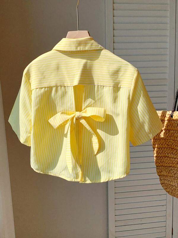 Comfortcana Camisa casual de mujer de manga corta con rayas amarillas
