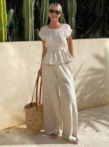 Livesso 女式夏季衬衫和束腰裤两件套 - 米色 - 查看 4