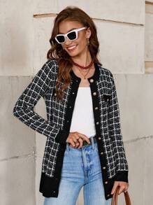 SHEIN Clasi Cardigan cu mânecă lungă în carouri pentru damă, decorat cu nasturi, pulover elegant de toamnă Cardigan pentru femei, topuri cu mânecă lungă