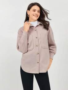 Miaspire 休闲纯色落肩口袋贴布大衣 - 杏色 - 查看 3