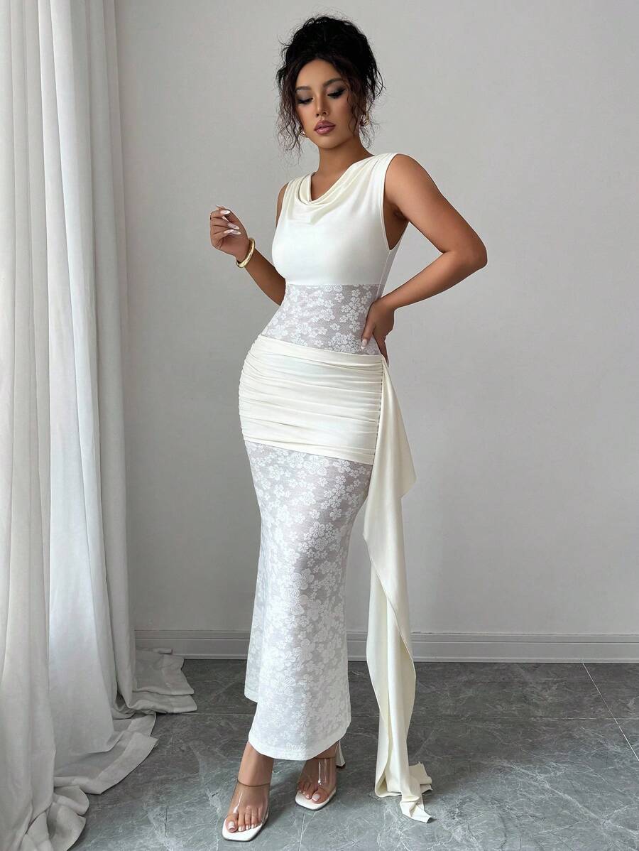 Elenzga Women's Off Shoulder Lace Patchwork Sheer Backless Tie-Up Ruched Dress, Waist-Cinching & Slimming