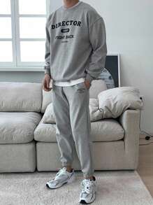 DAZY Grey Men's Letter Print Design Pullover Sweatshirt Set, Autumn - Grey - View 5