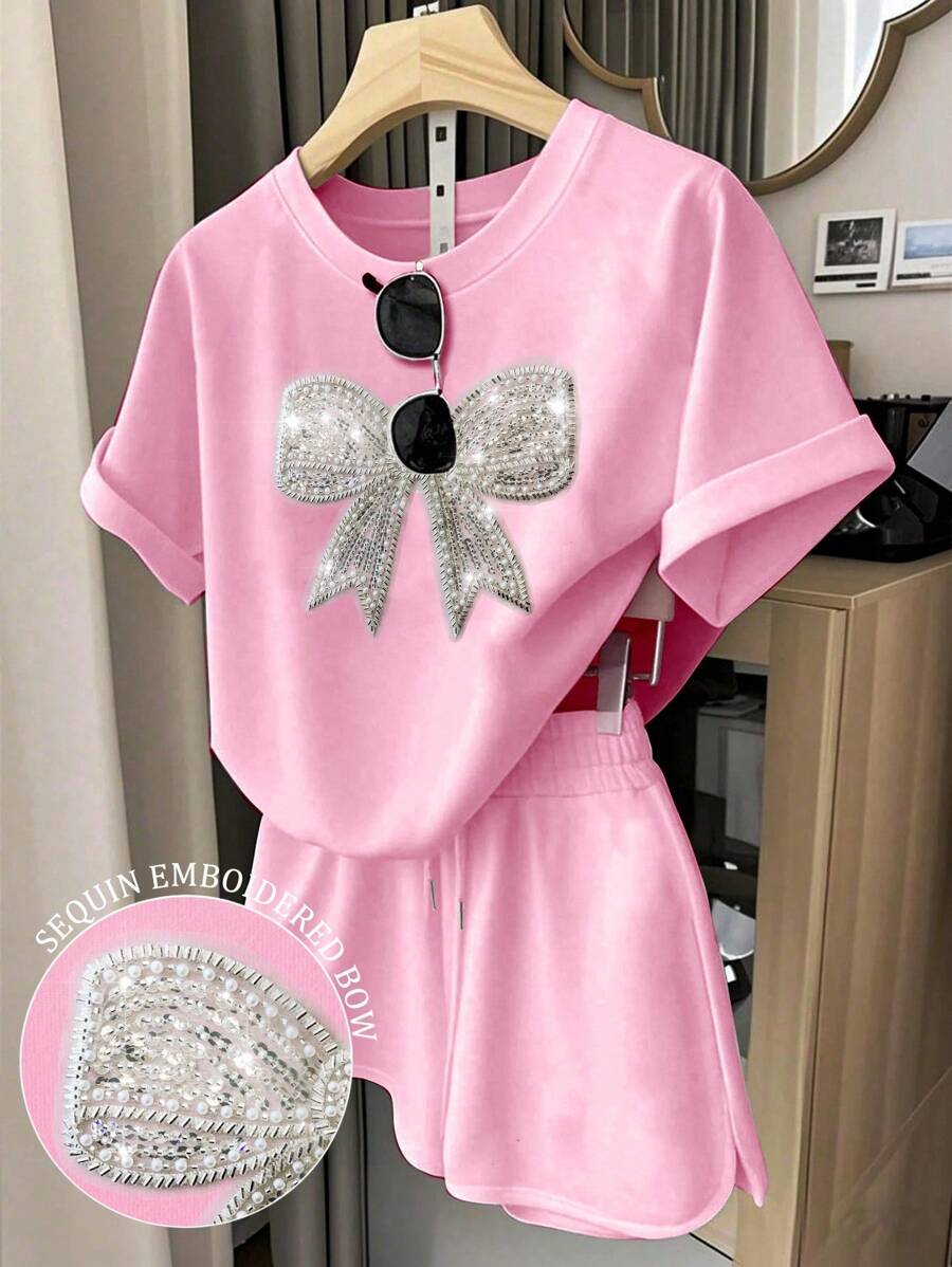 SHEIN 2 件套女士优雅蝴蝶结水钻亮片装饰运动风短袖上衣和短裤 - 粉色 - 查看 1