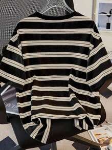 SHEIN Plus Size Summer Casual Colorblock Striped Panda Embroidery T-Shirt