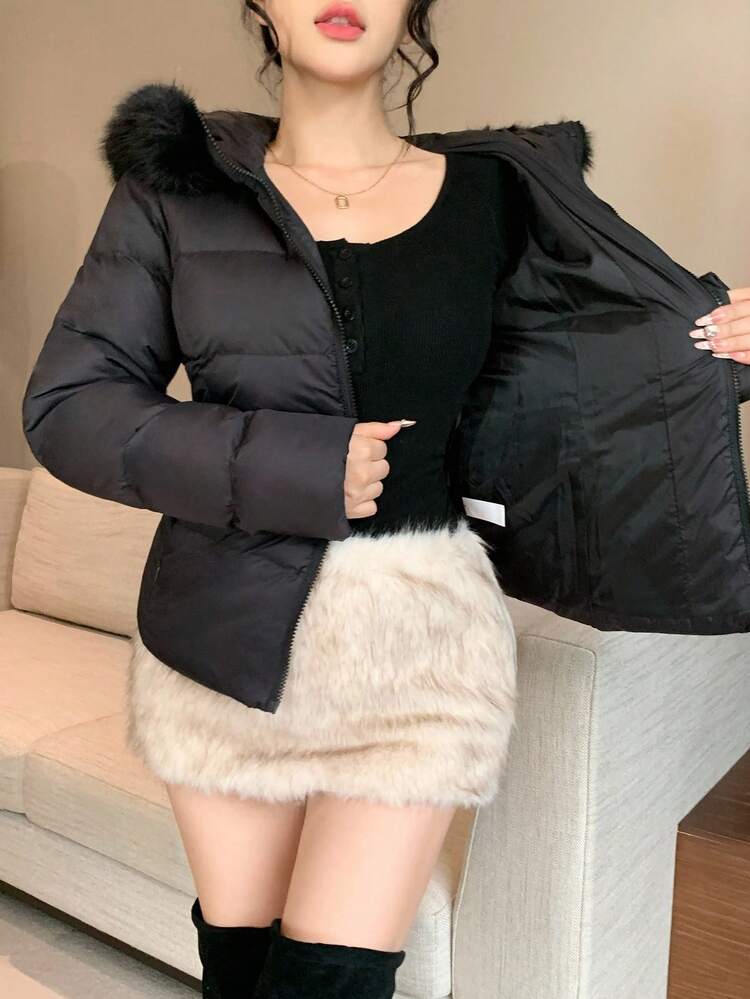 Women's Solid Color Hooded Fur Collar Cinched Waist Thermal Lined Thick Padded Coat, Autumn/Winter Jacket