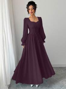 Modelyn Váy thắt eo màu trơn kiểu Pháp thanh lịch - Màu tím - Xem 4
