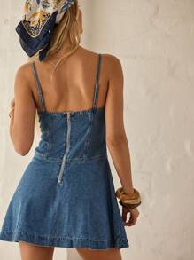 Aralina Summer / Winter / Fall Denim Fit And Flare Denim Mini Dress Y2K Stockholm Style Streetwear - Medium Wash - View 3