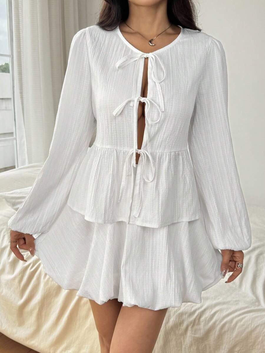 SHEIN EZwear 2 件套女士纯色系带前褶边灯笼袖衬衫和裙子套装 - 白色 - 查看 1