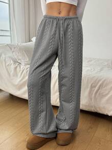 SHEIN EZwear Women's Casual Solid Color Texture Drawstring Waist Sweatpants, Autumn/Winter - Grey - View 6