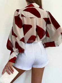 INAWLY Áo cánh rộng tay đèn lồng họa tiết hình học thời trang cho nữ, hàng khuy đơn - Đỏ - Xem 4