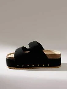 Solecia 女士春夏新款舒适增高搭扣平底半拖圆头厚底露趾休闲百搭度假风黑色凉鞋户外沙滩女鞋 - 黑色 - 查看 4