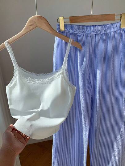 Comfortcana 大码休闲条纹蕾丝吊带背心两件套