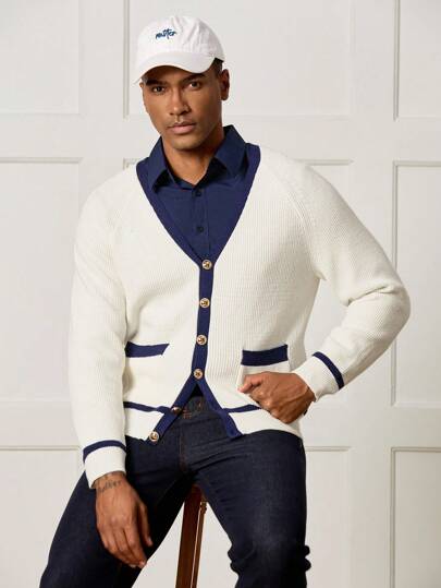 Manfinity CityGents Cárdigan casual de manga larga con bolsillo de un solo aliento y color contrastante para hombre