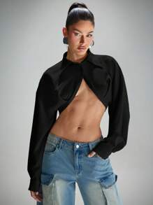 Denimoi Super Cropped Collared Button Up Shirt - Black - View 5