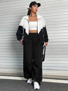 SHEIN EZwear 大码女式撞色拉链抽绳连帽休闲夹克 - 彩色 - 查看 4
