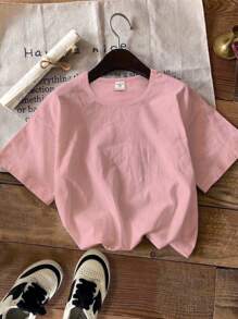 SHEIN ModeFlare Wear 男童休闲简约圆领T恤，适合夏季 - 粉色 - 查看 3