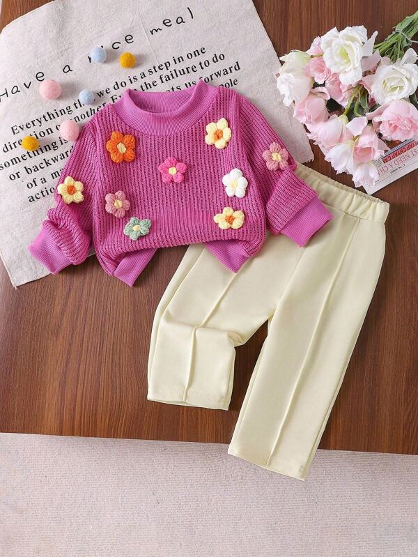 Ensemble 2 pièces gilet à col rond tricoté fleuri bleu pour bébé fille + pantalon à jambes droites, automne/hiver