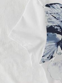 INAWLY Elegant Vacation Style Blue Floral Print Women's Slim Fit Short T-Shirt