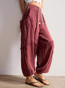Bohemela Quần nữ dáng rộng, màu trơn, phong cách Boho thường ngày, chất liệu dệt kim. - Màu nâu  Mocha - Xem 3