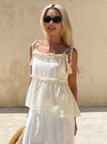 DAZY Débardeur style français décontracté pour femmes avec liens à franges, bord à volants, coupe ample et sans manches pour l'été, tenue de vacances bohème - Nude - Voir 6