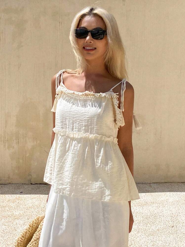 Women's Casual French Style Tassel Tie Strap Frill Edge Tank Top, Loose Fit Sleeveless Blouse For Summer Resort Wear,Babydoll Top Boho