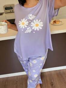 雏菊与蝴蝶印花短袖睡衣套装 - 紫色 - 查看 6